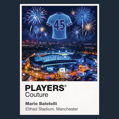 Mario Balotelli Manchester City number 45 Icons in Lights Frame artwork with fireworks in navy