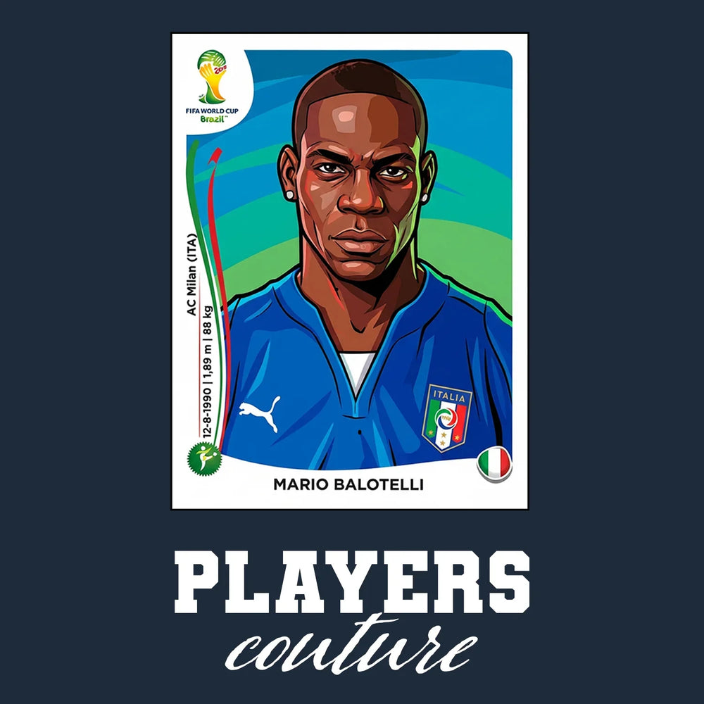 Mario Balotelli World Cup Sticker Men's T-Shirt – navy close-up detail shot of the Mario Balotelli World Cup Players Couture