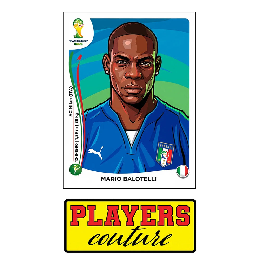 Mario Balotelli World Cup Sticker Men's T-Shirt – close-up detail shot of the Mario Balotelli World Cup Players Couture logo