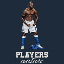 Mario Balotelli Badge Men's Hoodie – navy close-up detail shot of the Mario Balotelli Players Couture logo design
