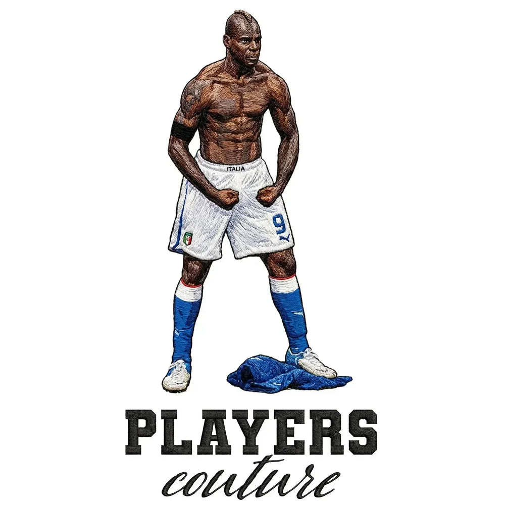 Mario Balotelli Badge Men's Hoodie – white close-up detail shot of the Mario Balotelli Players Couture logo design