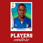 Mario Balotelli World Cup Sticker Men's T-Shirt – red close-up detail shot of the Mario Balotelli World Cup Players Couture