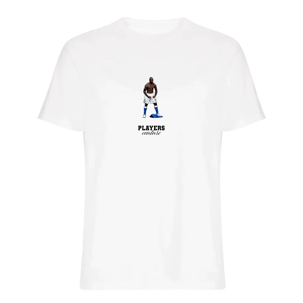 Mario Balotelli Icon t-shirt – white men's t-shirt with black Mario Balotelli Icon letters and Players Couture logo on the