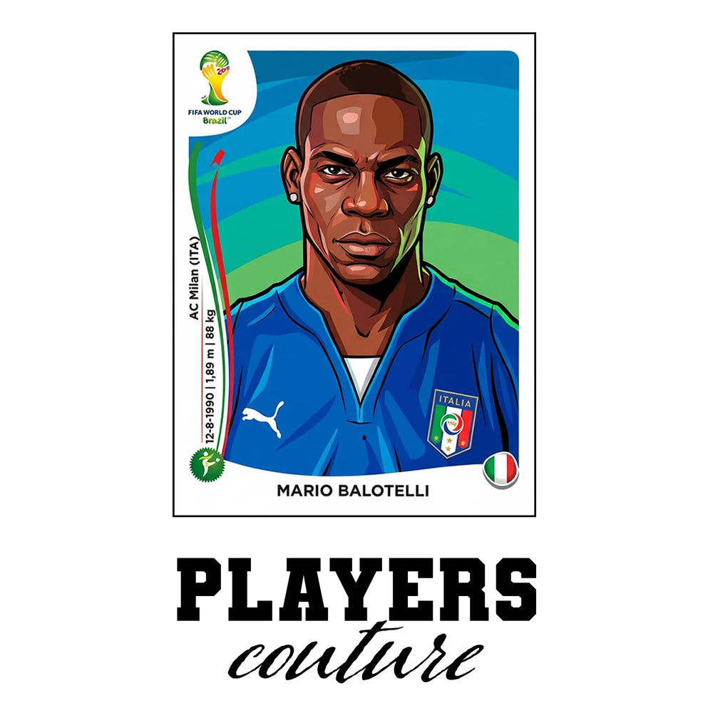Mario Balotelli World Cup Sticker Men's T-Shirt – white close-up detail shot of the Mario Balotelli Players Couture logo