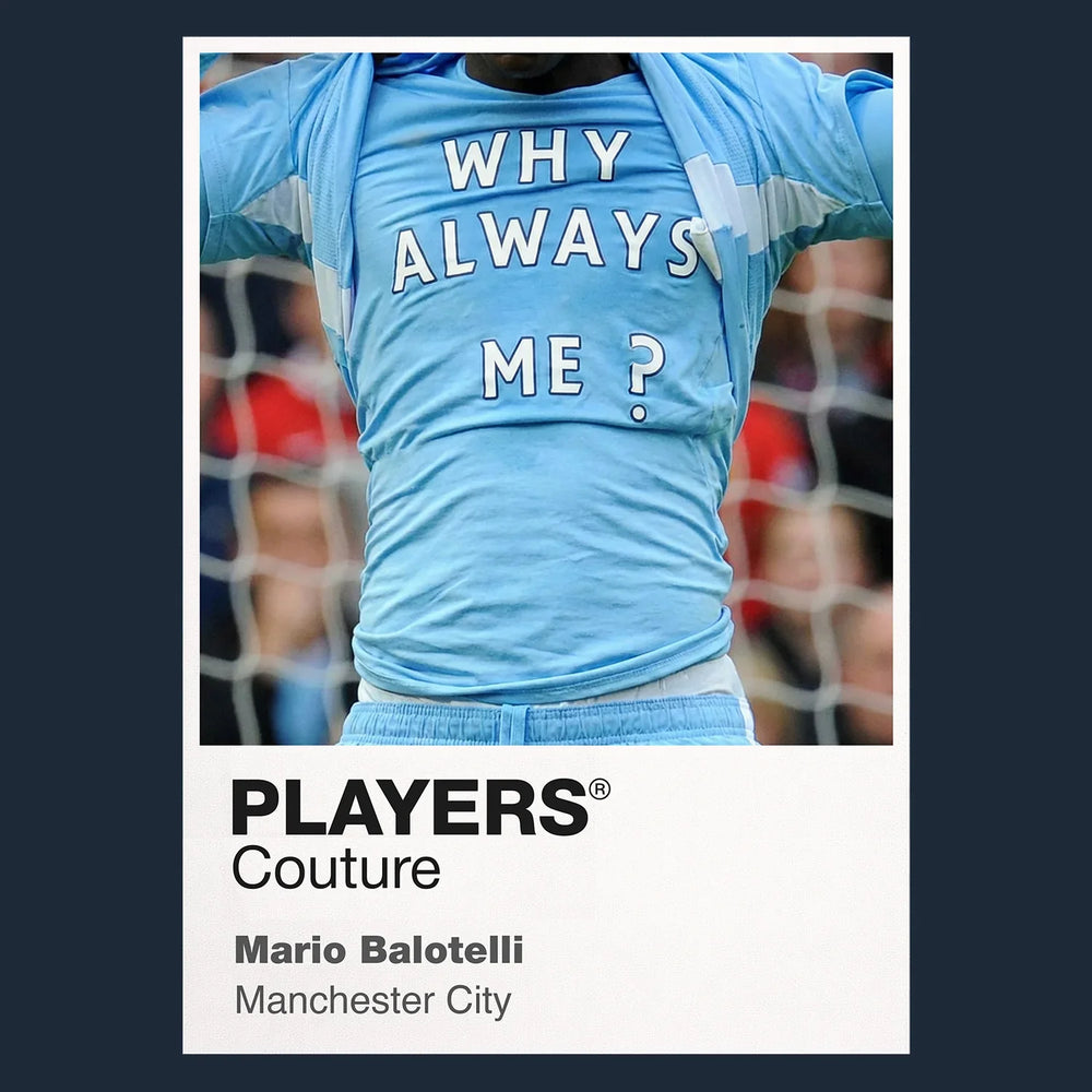 Mario Balotelli Why Always Me? Shirt Frame Men's Hoodie – navy close-up detail shot of the Mario Balotelli Players Couture