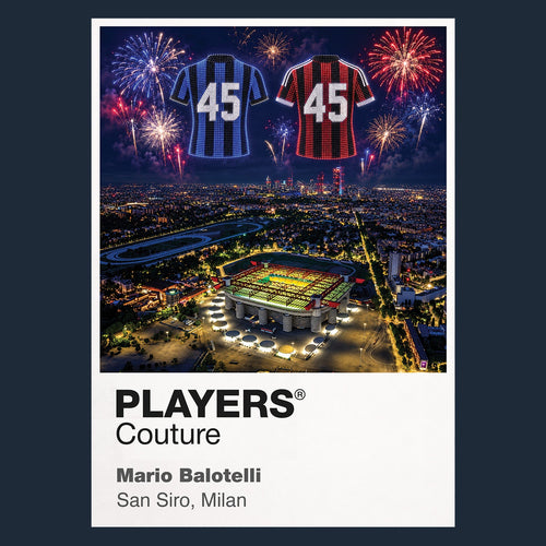 Mario Balotelli Inter Milan and AC Milan number 45 Icons in Lights Frame artwork with fireworks in navy
