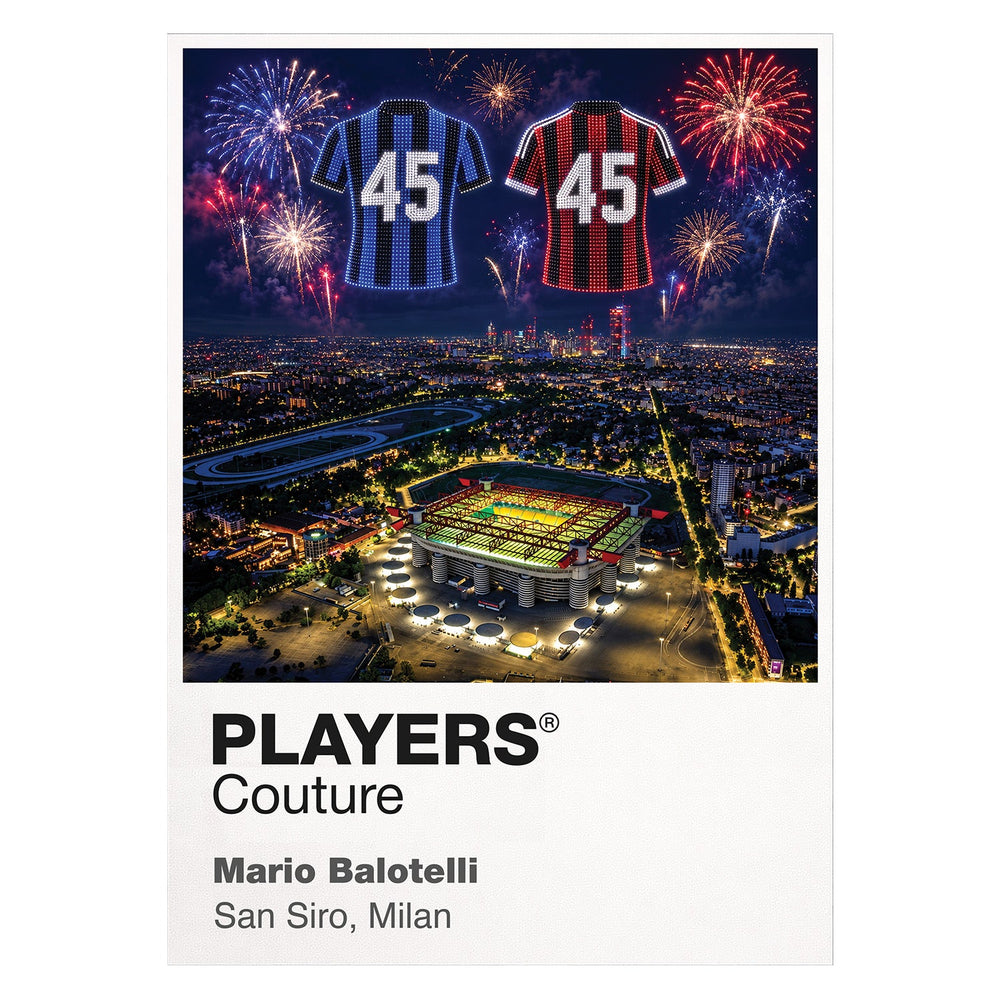 Mario Balotelli Inter Milan and AC Milan number 45 Icons in Lights Frame artwork with fireworks in white