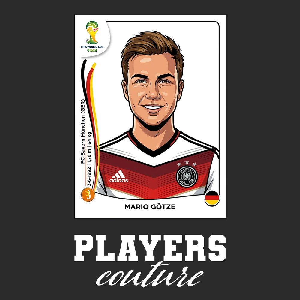 Mario Gotze World Cup Sticker Men's T-Shirt – black close-up detail shot of the Mario Gotze World Cup Players Couture logo