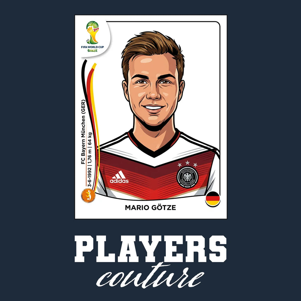Mario Gotze World Cup Sticker Men's T-Shirt – navy close-up detail shot of the Mario Gotze World Cup Players Couture logo