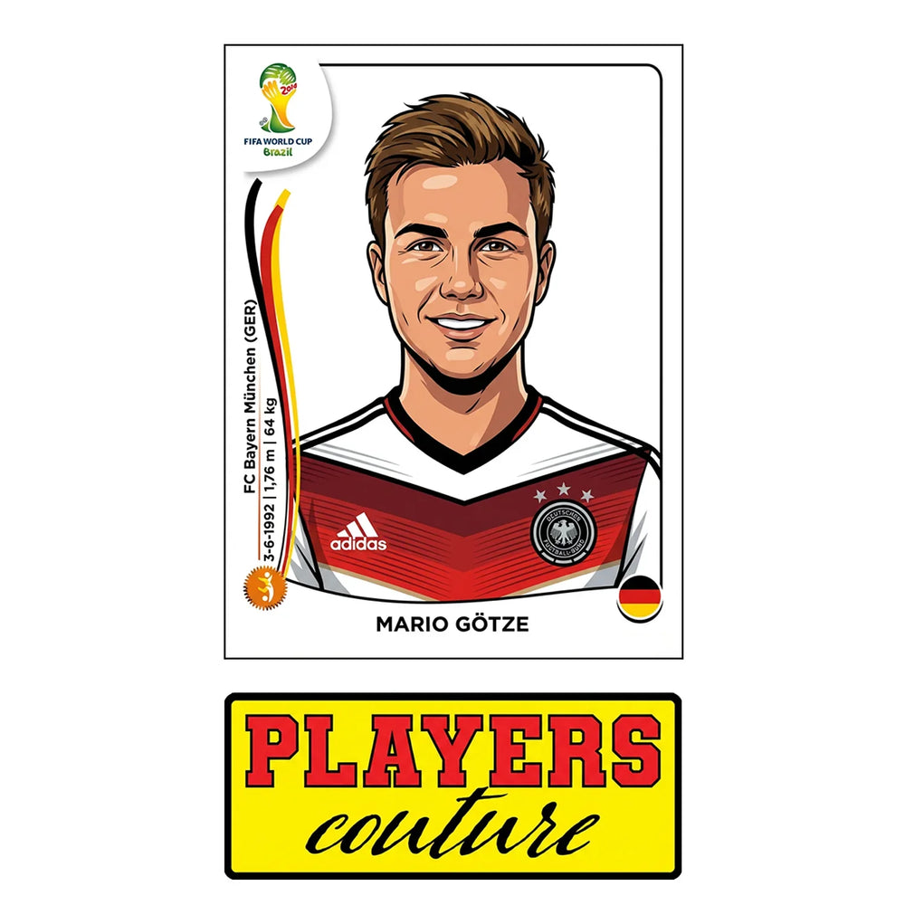 Mario Gotze World Cup Sticker Men's T-Shirt – close-up detail shot of the Mario Gotze World Cup Players Couture logo design