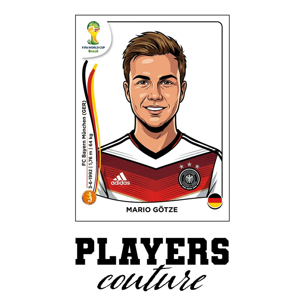 Mario Gotze World Cup Sticker Men's T-Shirt – white close-up detail shot of the Mario Gotze Players Couture logo design