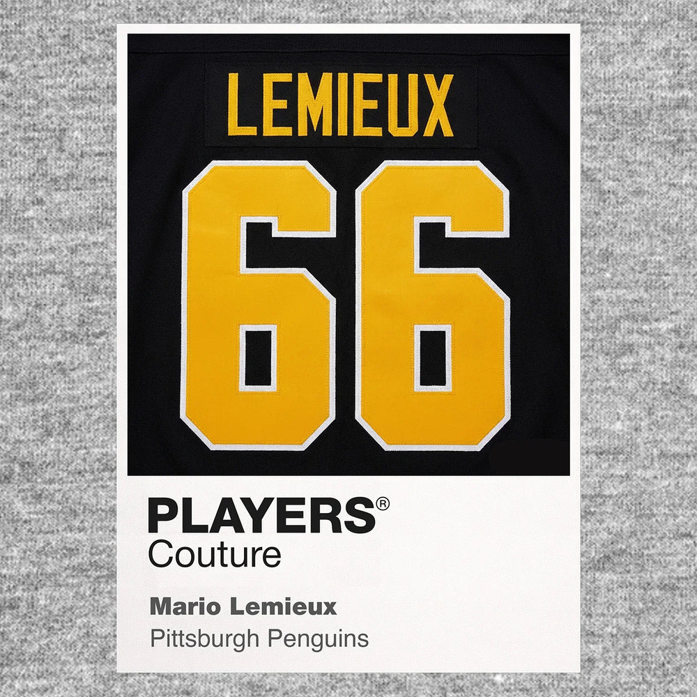 Mario Lemieux 66 Jersey Frame Men's T-Shirt – grey close-up detail shot of the Mario Lemieux 66 Players Couture logo design