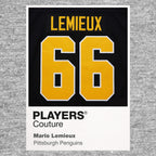 Mario Lemieux 66 Jersey Frame Men's T-Shirt – grey close-up detail shot of the Mario Lemieux 66 Players Couture logo design