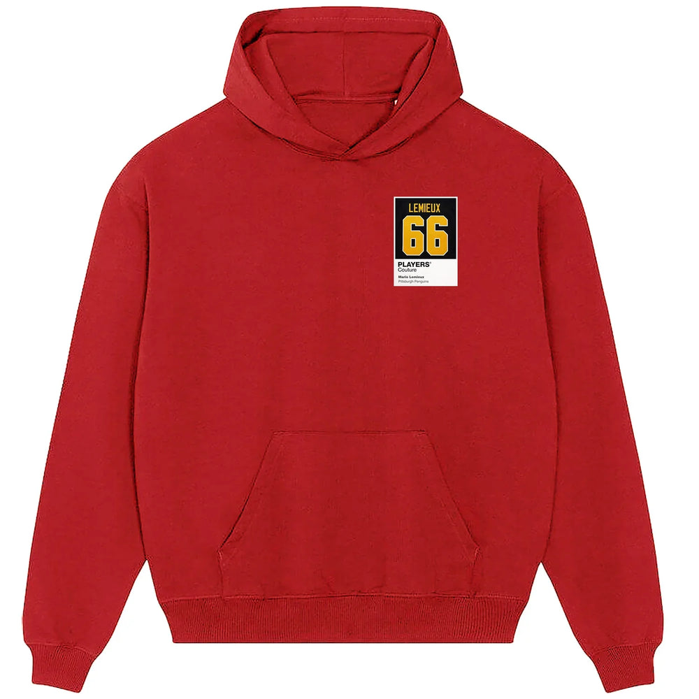 Mario Lemieux 66 hoodie – red men's hoodie featuring the Mario Lemieux 66 Players Couture logo