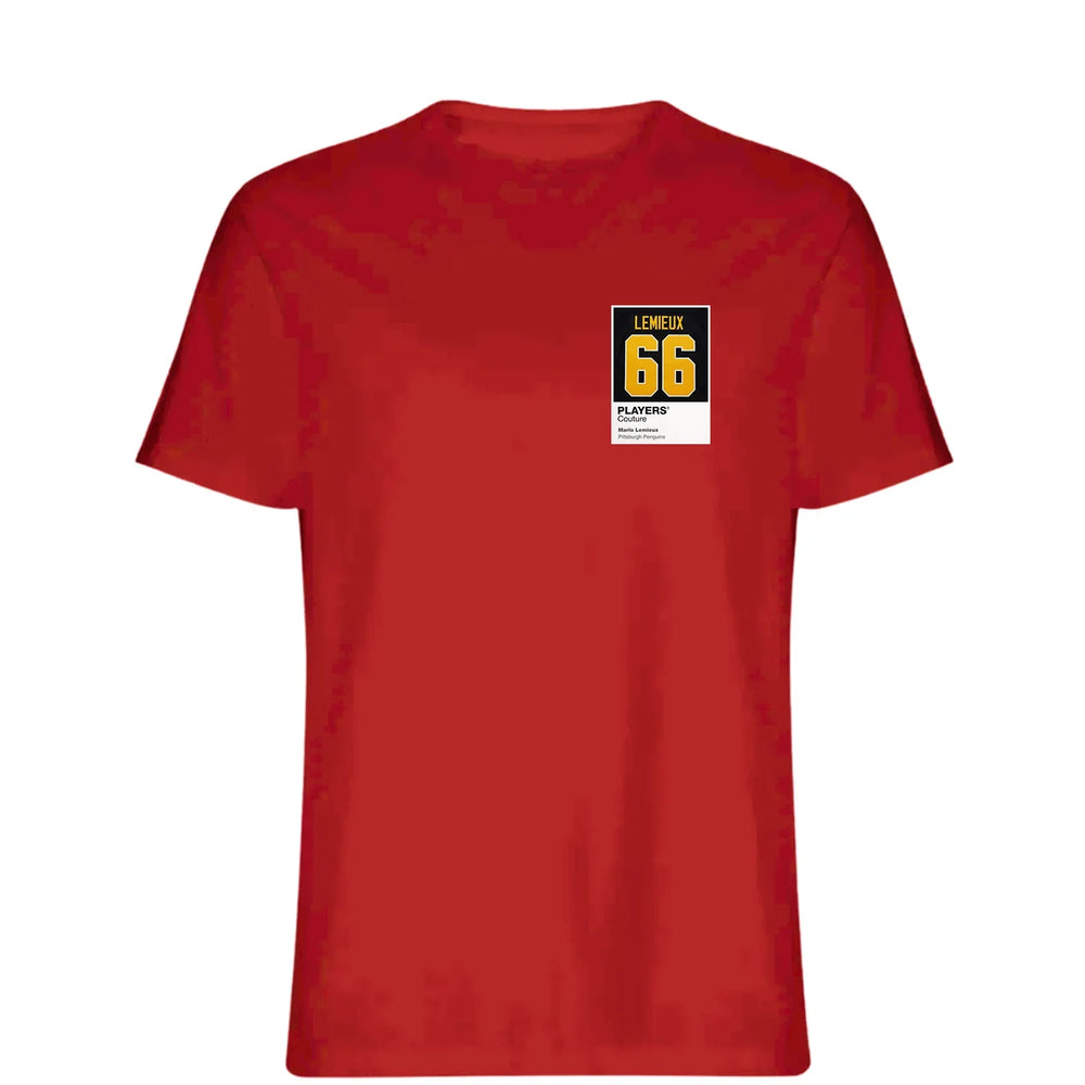 Mario Lemieux 66 t-shirt – red men's t-shirt featuring the Mario Lemieux 66 Players Couture logo