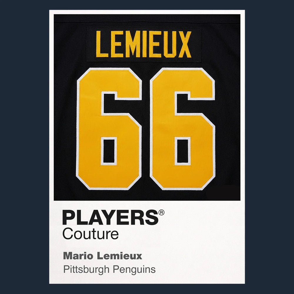 Mario Lemieux 66 Jersey Frame Men's T-Shirt – navy close-up detail shot of the Mario Lemieux 66 Players Couture logo design