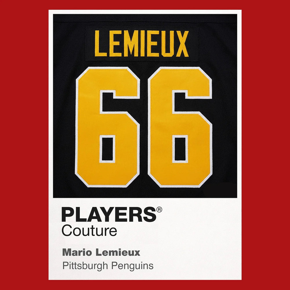 Mario Lemieux 66 Jersey Frame Men's T-Shirt – red close-up detail shot of the Mario Lemieux 66 Players Couture logo design