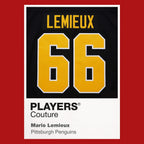 Mario Lemieux 66 Jersey Frame Men's T-Shirt – red close-up detail shot of the Mario Lemieux 66 Players Couture logo design