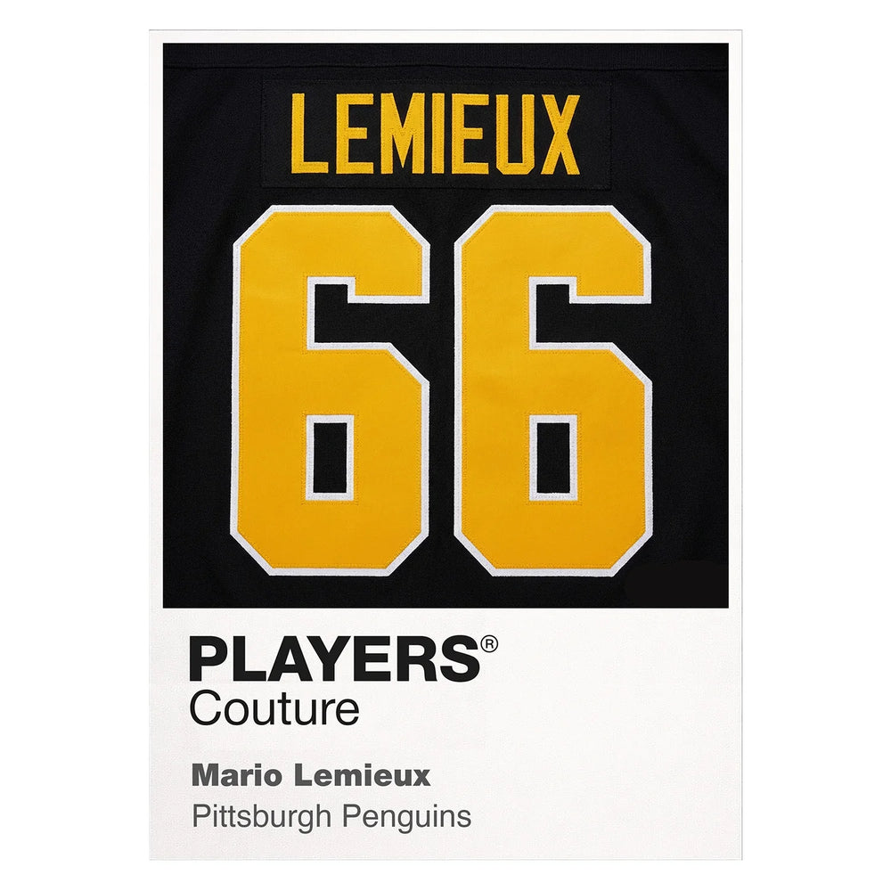 Mario Lemieux 66 Jersey Frame Men's T-Shirt – white close-up detail shot of the Mario Lemieux Players Couture logo design
