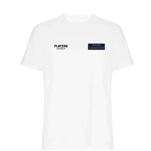 Mark Lawrenson t-shirt – white men's t-shirt featuring the Mark Lawrenson Players Couture logo