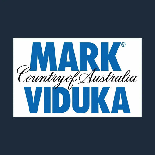 Mark Viduka Logo Men's Hoodie – navy close-up detail shot of the Mark Viduka Players Couture logo design