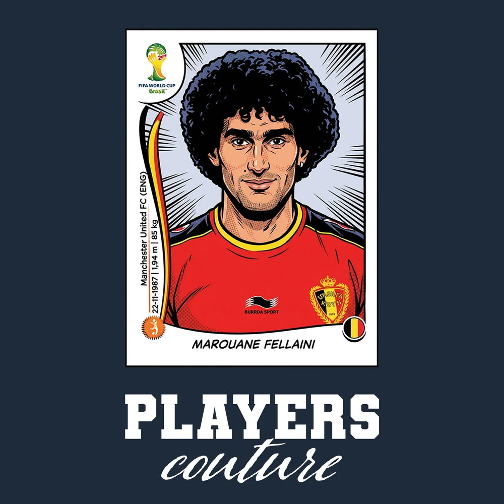 Marouane Fellaini World Cup Sticker Men's T-Shirt – navy close-up detail shot of the Marouane Fellaini World Cup Players