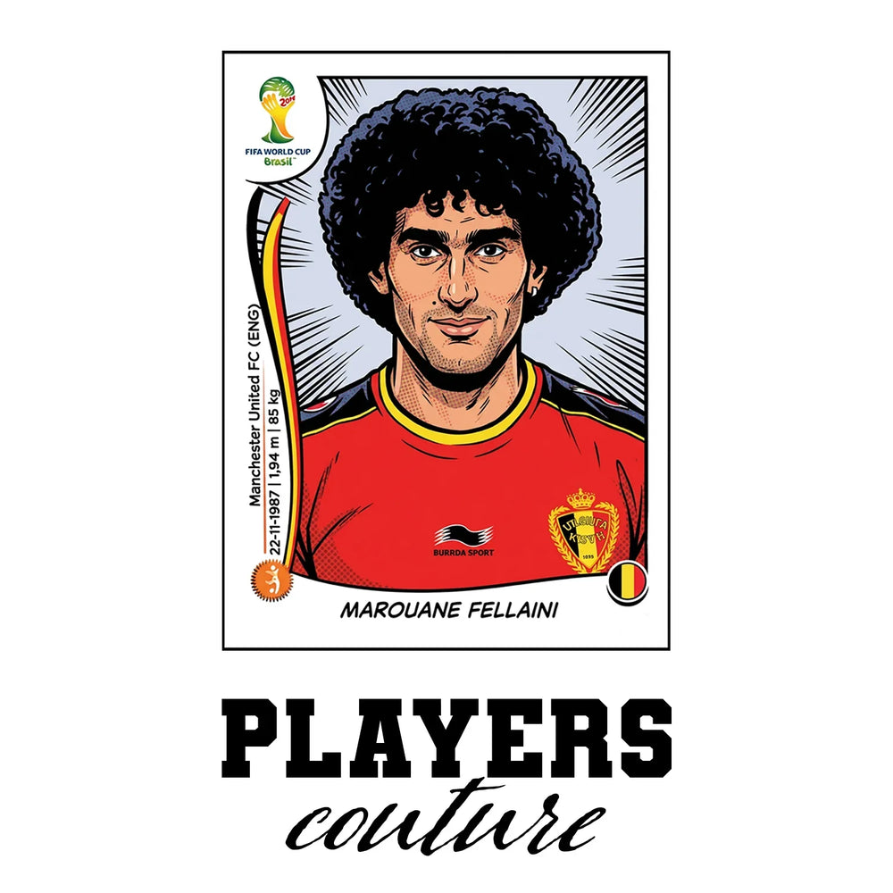 Marouane Fellaini World Cup Sticker Men's T-Shirt – white close-up detail shot of the Marouane Fellaini Players Couture logo