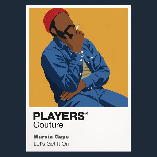 Marvin Gaye the composed stage style and emotional depth associated with Marvin Gaye Icon Frame artwork in navy