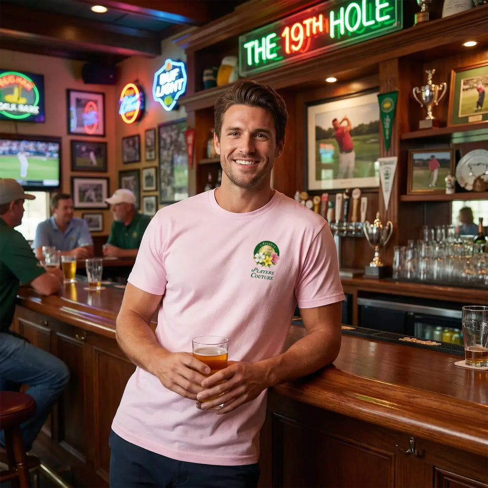 Amen Corner Augusta Golf Ball Marker t-shirt – pink men's t-shirt with black Amen Corner Augusta Golf Ball Marker letters