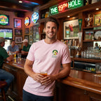 Amen Corner Augusta Golf Ball Marker t-shirt – pink men's t-shirt with black Amen Corner Augusta Golf Ball Marker letters