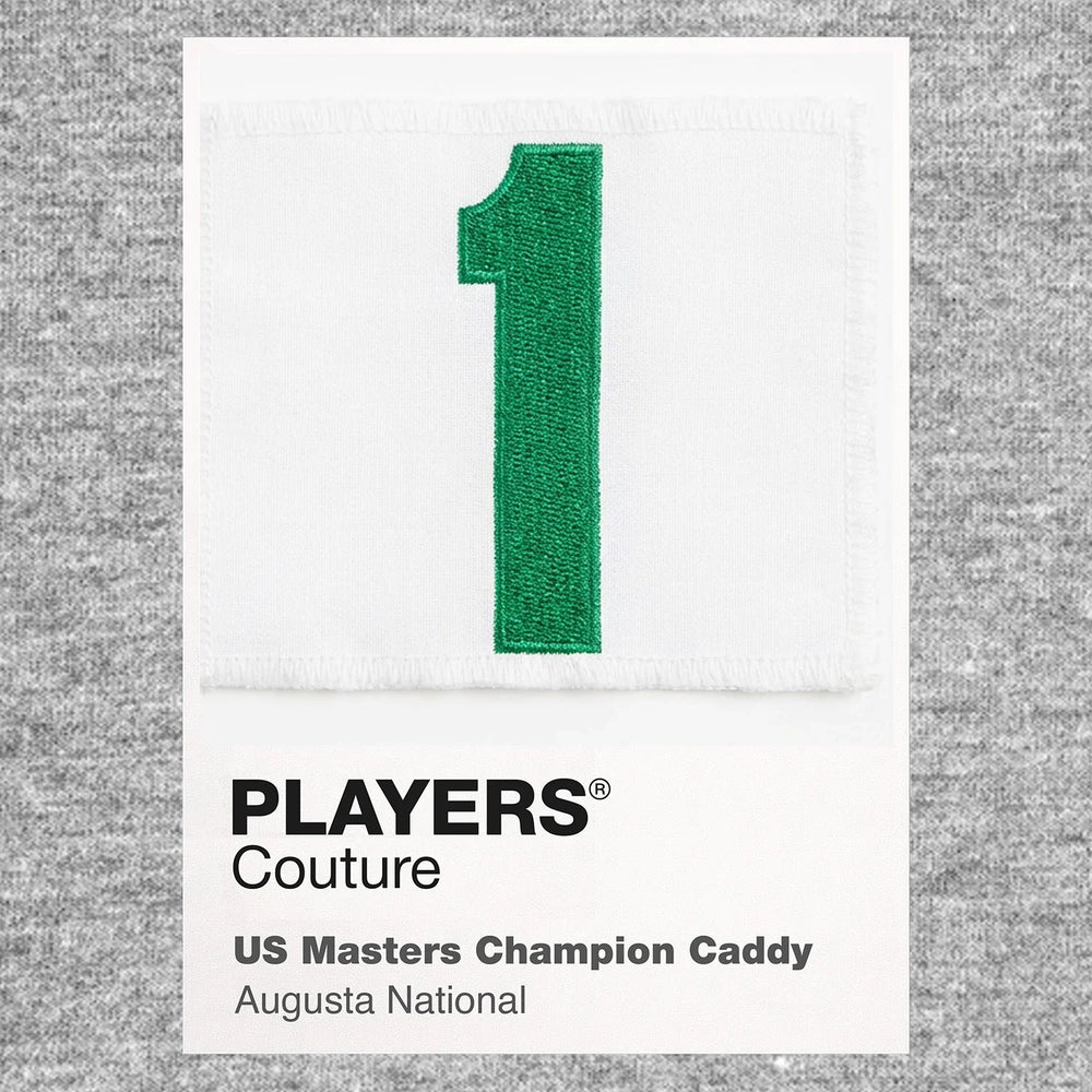 Masters Caddy 1 Jersey Frame Men's T-Shirt – grey close-up detail shot of the Masters Caddy 1 Players Couture logo design