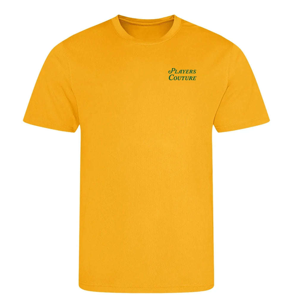 Golf Script Logo Men's T-Shirt – close-up detail shot of the Golf Script Players Couture logo design