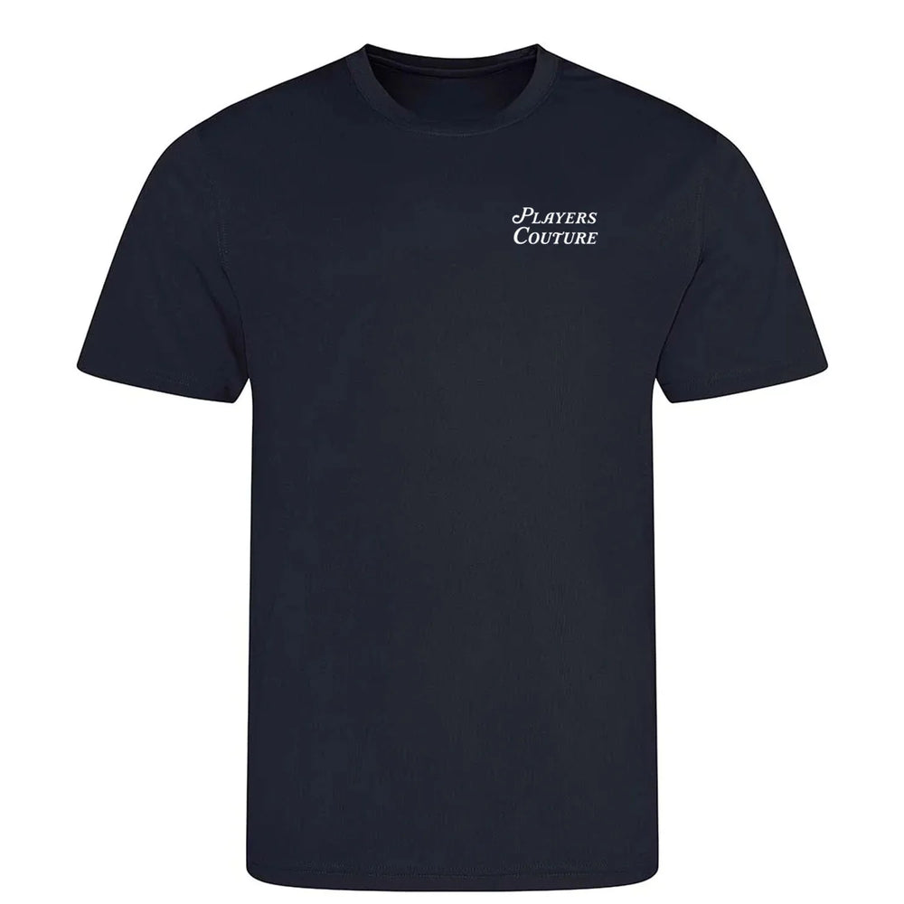 Golf Script t-shirt – navy men's t-shirt featuring the Golf Script Players Couture logo