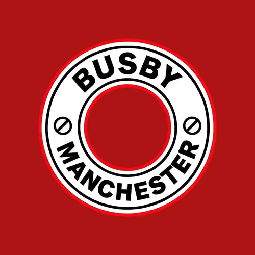 Matt Busby Logo Men's T-Shirt – red close-up detail shot of the Matt Busby Players Couture logo design