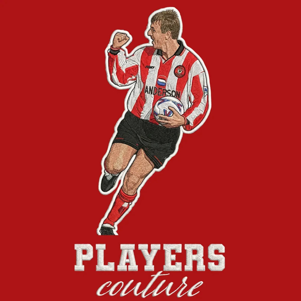 Matt Le Tissier Badge Men's Hoodie – red close-up detail shot of the Matt Le Tissier Players Couture logo design