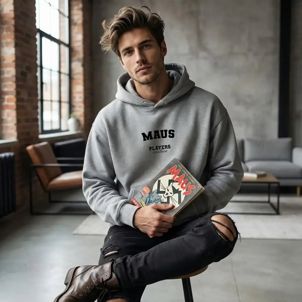 Maus hoodie – navy men's hoodie with white Maus letters and Players Couture logo on the chest