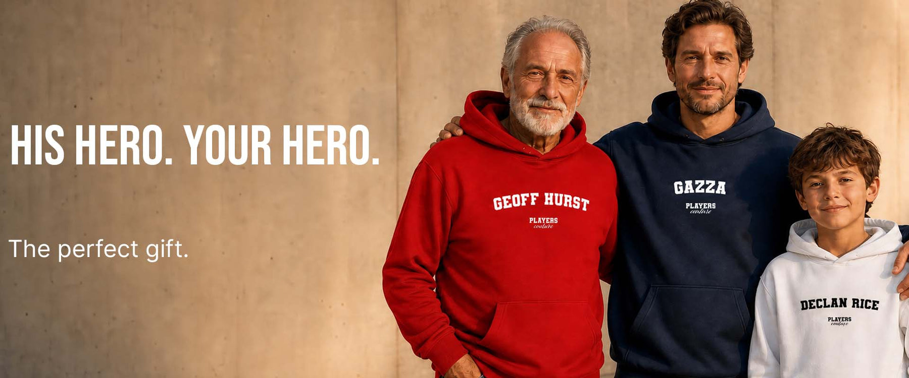 Three people wearing branded hoodies with text on a plain background