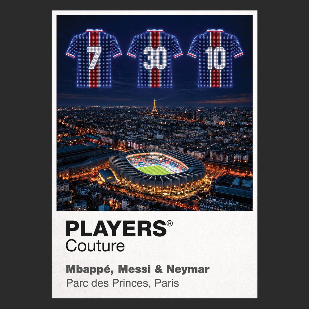 Mbappe Messi and Neymar PSG Icons in Lights Frame artwork in black