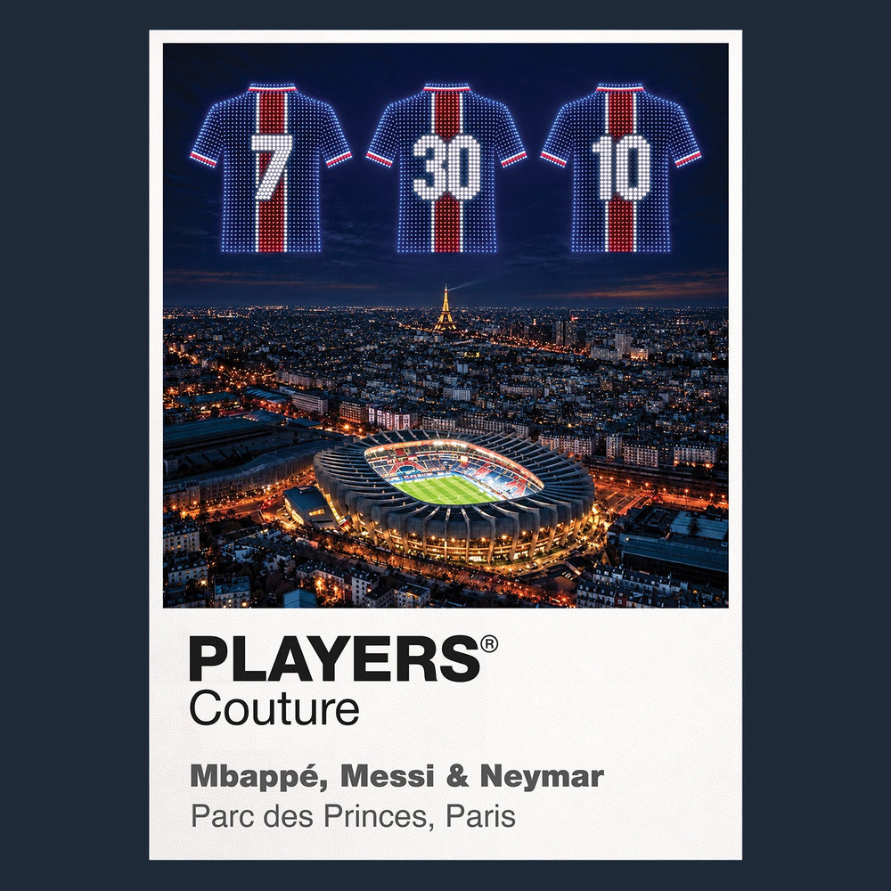 Mbappe Messi and Neymar PSG Icons in Lights Frame artwork in navy