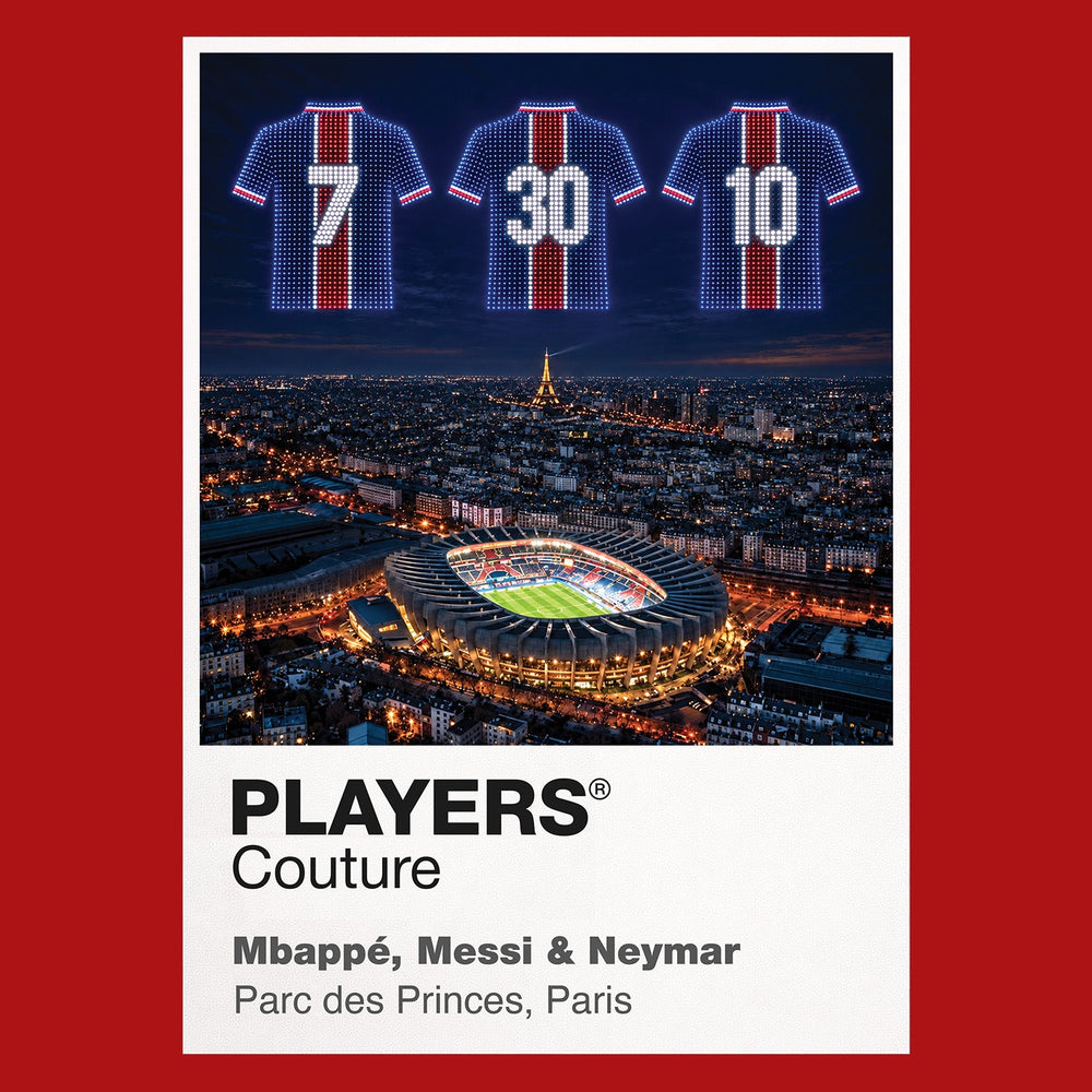 Mbappe Messi and Neymar PSG Icons in Lights Frame artwork in red