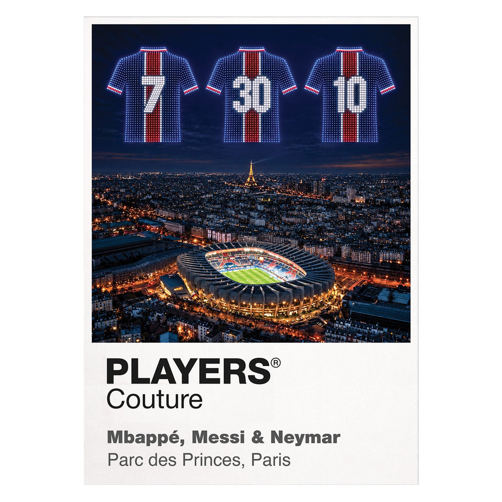 Mbappe Messi and Neymar PSG Icons in Lights Frame artwork in white