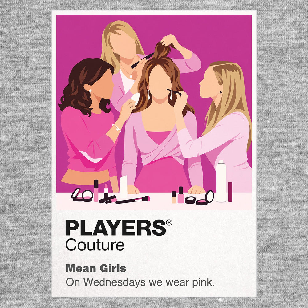 Mean Girls Cady and the Plastics in pink against the social map of North Shore High School Icon Frame artwork in grey