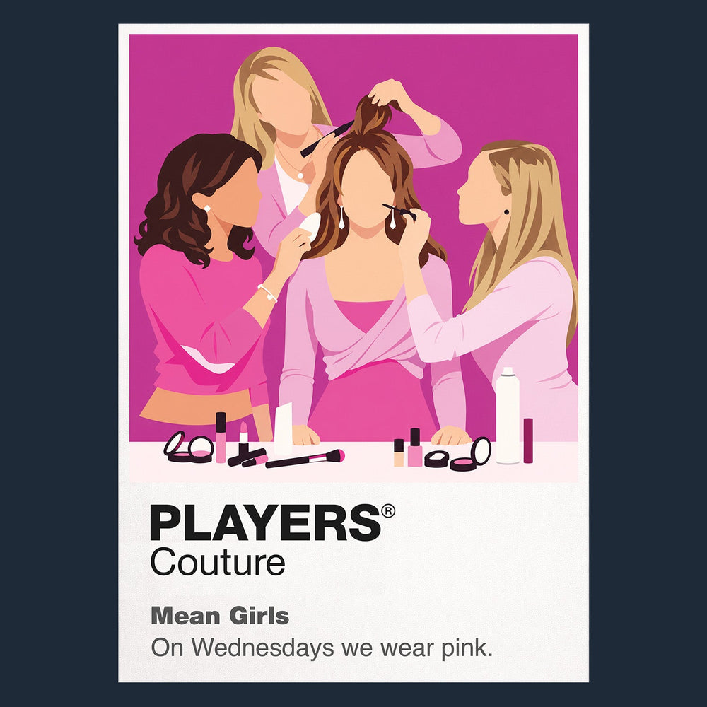 Mean Girls Cady and the Plastics in pink against the social map of North Shore High School Icon Frame artwork in navy