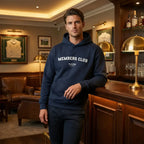 Members Club hoodie – navy men's hoodie with white Members Club letters and Players Couture logo on the chest