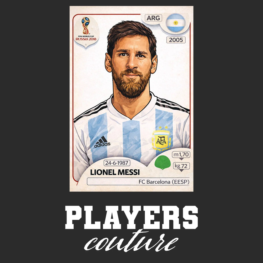Lionel Messi World Cup Sticker Men's T-Shirt – black close-up detail shot of the Lionel Messi World Cup Players Couture logo