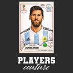 Lionel Messi World Cup Sticker Men's T-Shirt – black close-up detail shot of the Lionel Messi World Cup Players Couture logo