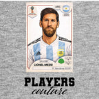 Lionel Messi World Cup Sticker Men's T-Shirt – grey close-up detail shot of the Lionel Messi World Cup Players Couture logo