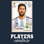 Lionel Messi World Cup Sticker Men's T-Shirt – navy close-up detail shot of the Lionel Messi World Cup Players Couture logo