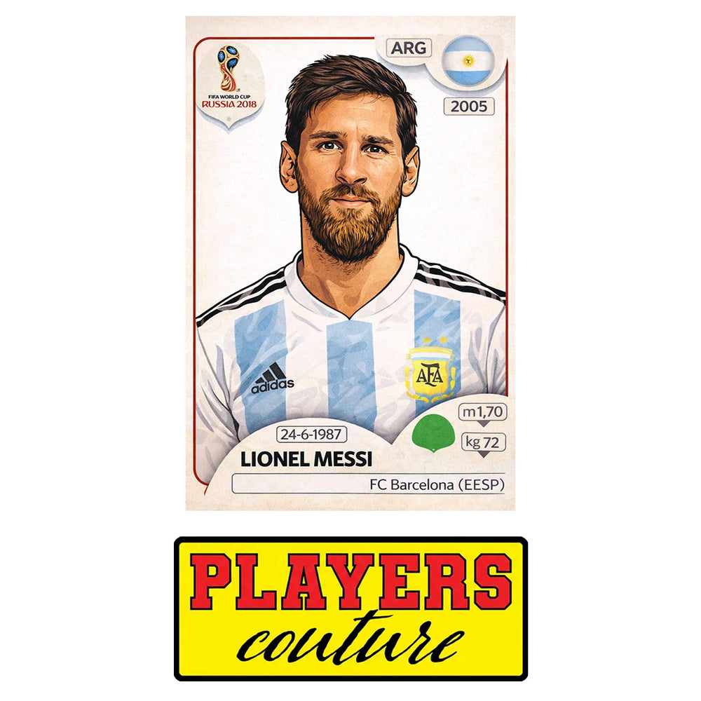 Lionel Messi World Cup Sticker Men's T-Shirt – close-up detail shot of the Lionel Messi World Cup Players Couture logo design