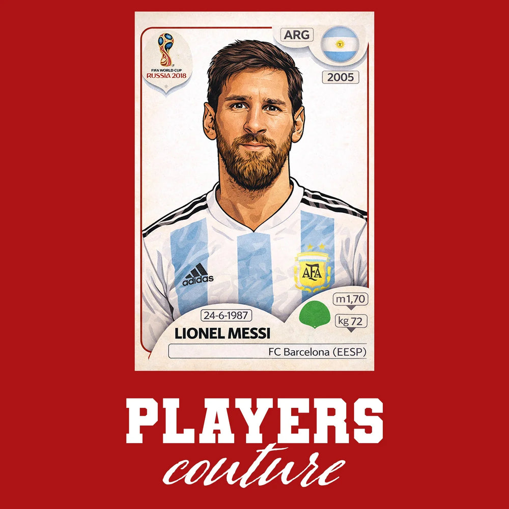 Lionel Messi World Cup Sticker Men's T-Shirt – red close-up detail shot of the Lionel Messi World Cup Players Couture logo
